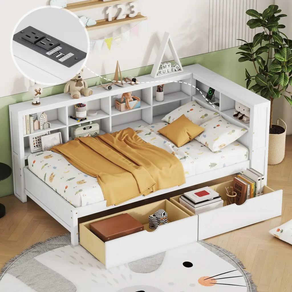Wooden Twin Size Daybed 2 Drawers Daybed Storage Shelf homey life