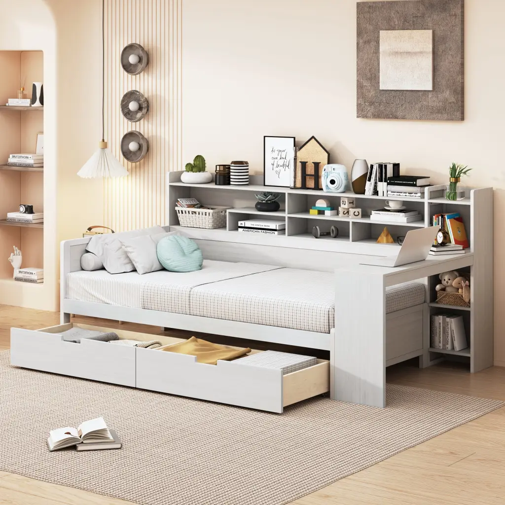 Wooden Twin Size Daybed Storage Shelves, Multi Functional Bed homey life
