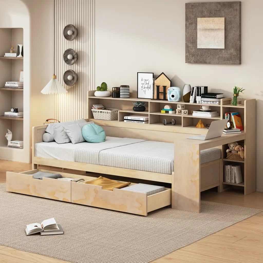 Wooden Twin Size Daybed Storage Shelves Multi Functional homey life