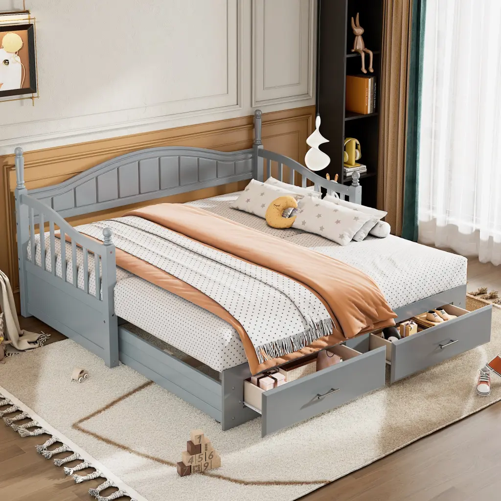 Wooden Twin Size Daybed Trundle Extendable Bed Frame homey life