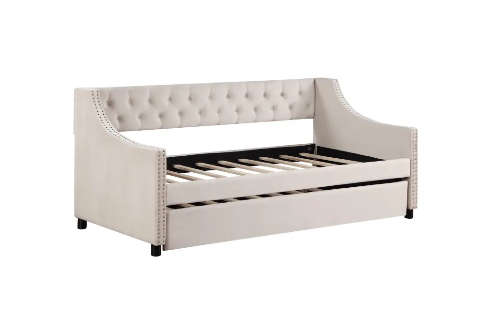 Upholstered Daybed Trundle Twin Size Frame Beige Velvet justone interior