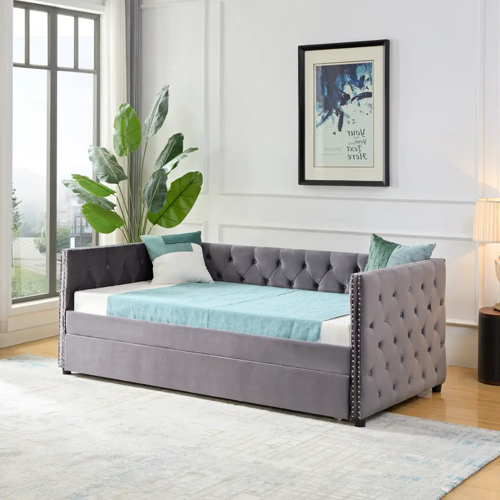 Daybed Trundle Sofa Bed Enhanced Velvet Upholstered Convertible Guest Bed lucky bed