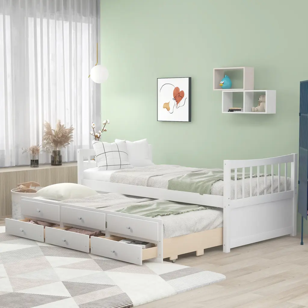 Daybed Trundle and Drawers Twin Size White Space Saving Bed lucky furniture