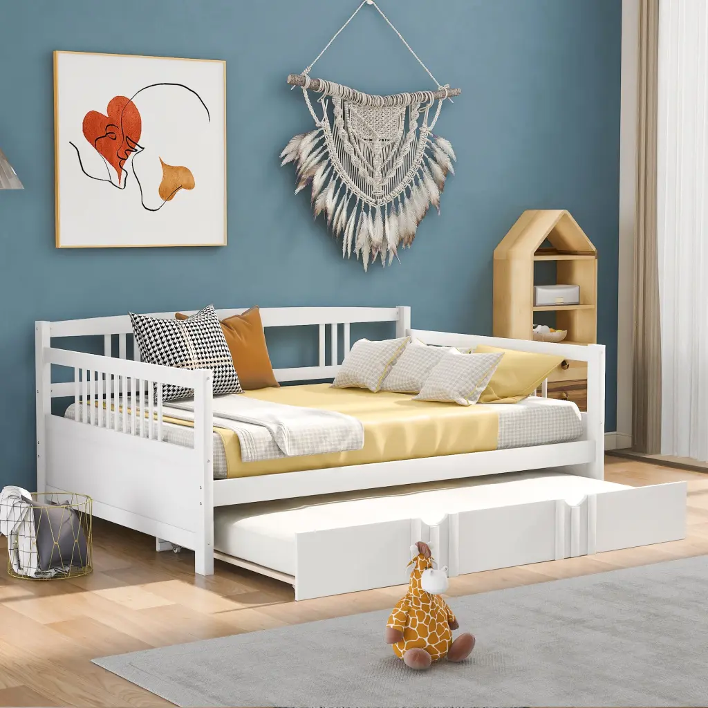 Full Size Daybed Twin Size Trundle White Solid Wood Finish lucky furniture