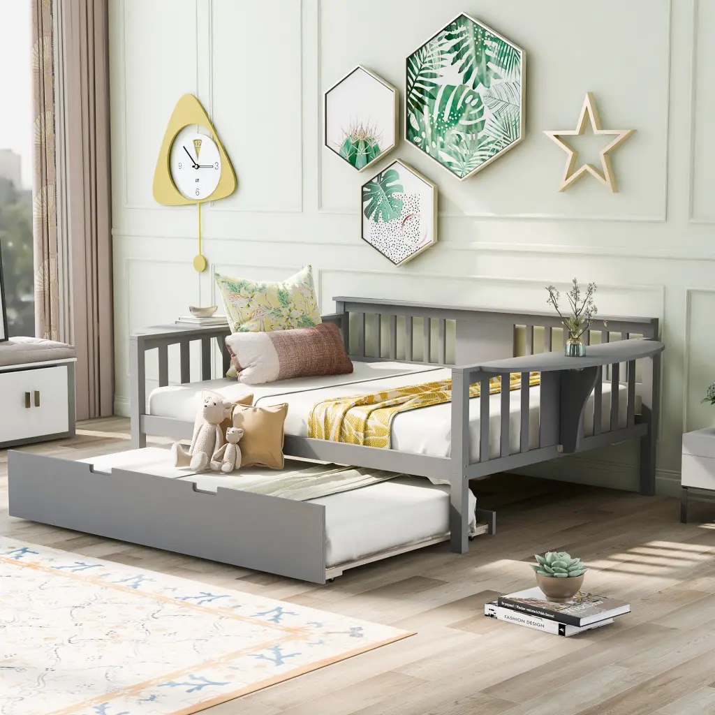 Full Size Daybed Twin Size Trundle Wood Slat Support Gray lucky furniture