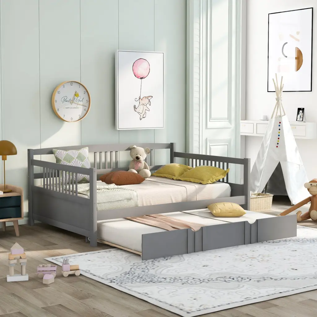 Full Size Daybed Wood Bed Twin Size Trundle Gray Solid Wood Frame lucky furniture
