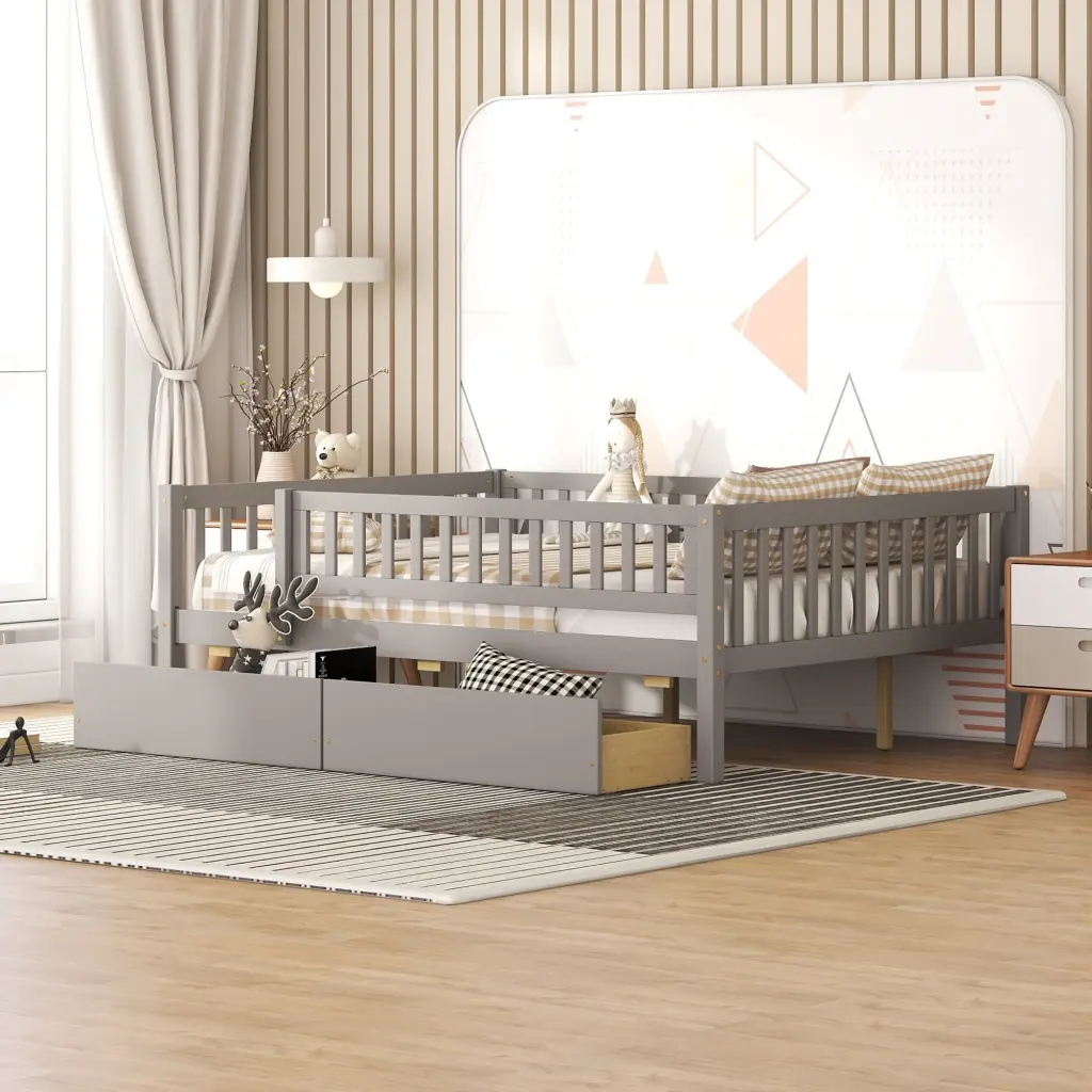 Full Size Daybed Wood Bed Two Drawers Gray Solid Wood Trundle Bed lucky furniture