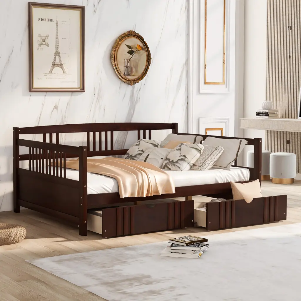 Full Size Daybed Wood Bed Two Drawers Espresso Finish lucky furniture