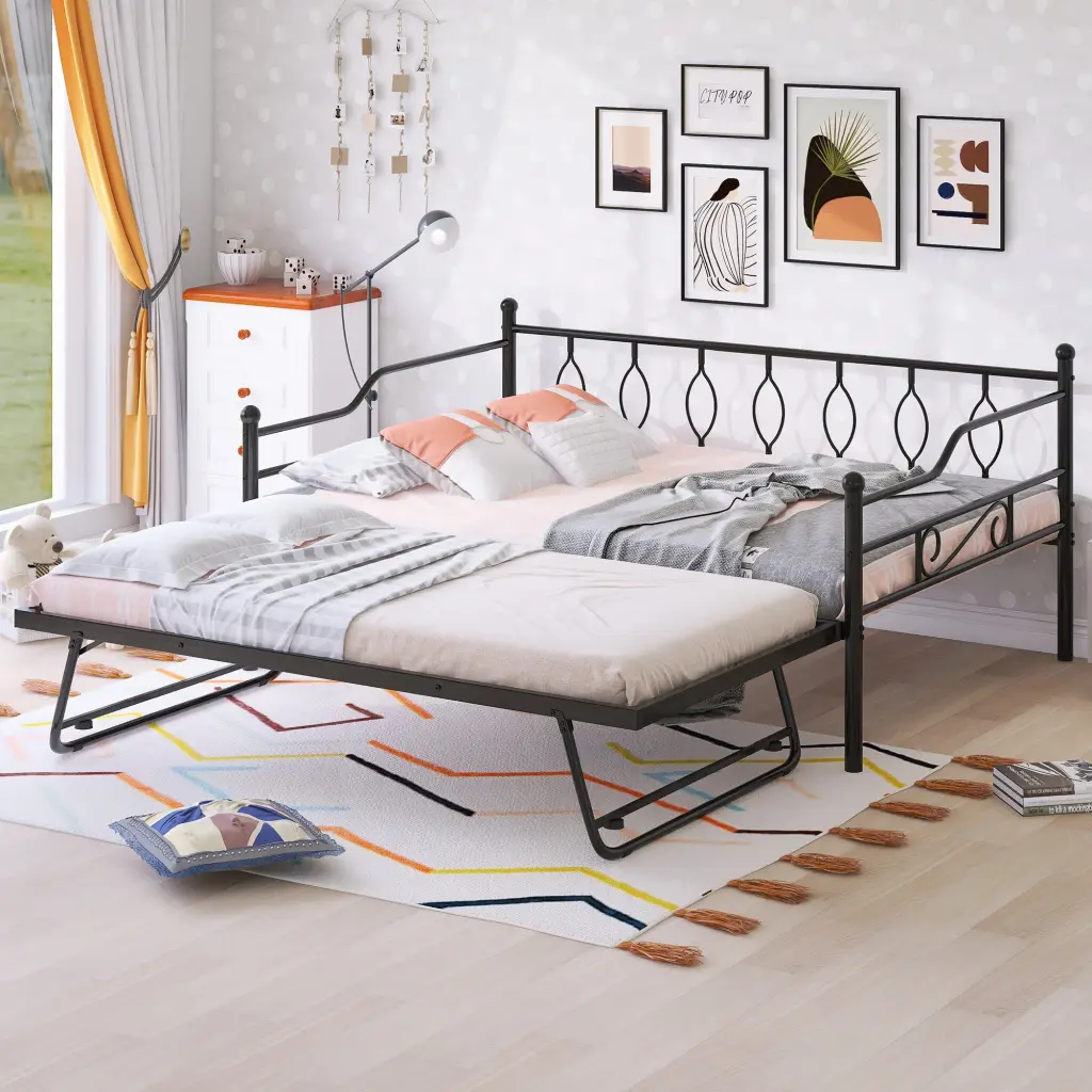 Full Size Metal Daybed Twin Size Adjustable Trundle Travel-Friendly Use lucky furniture