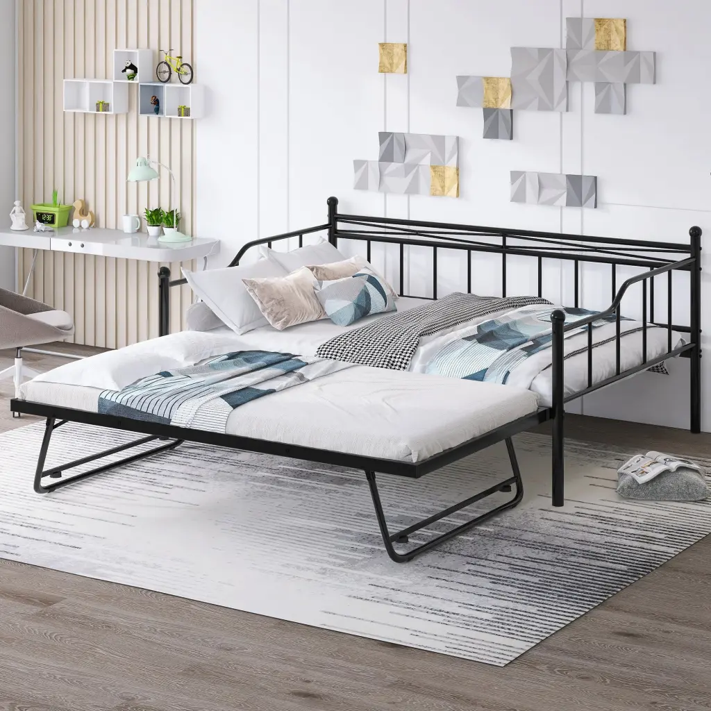 Full Size Metal Daybed Twin Size Adjustable Trundle Travel-Friendly Foldable lucky furniture