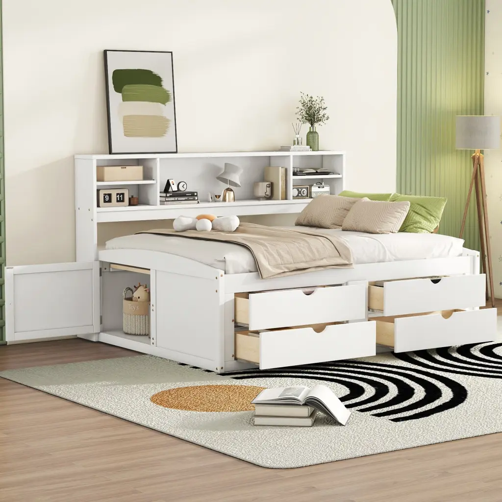 Full Size Wood Daybed 2 Bedside Cabinets Upper Shelves and 4 Drawers lucky furniture