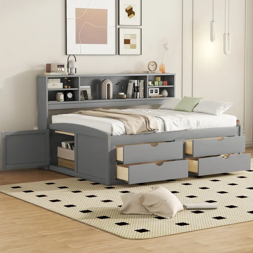 Full Size Wood Daybed 2 Bedside Cabinets, Upper Shelves And 4 Drawers lucky furniture