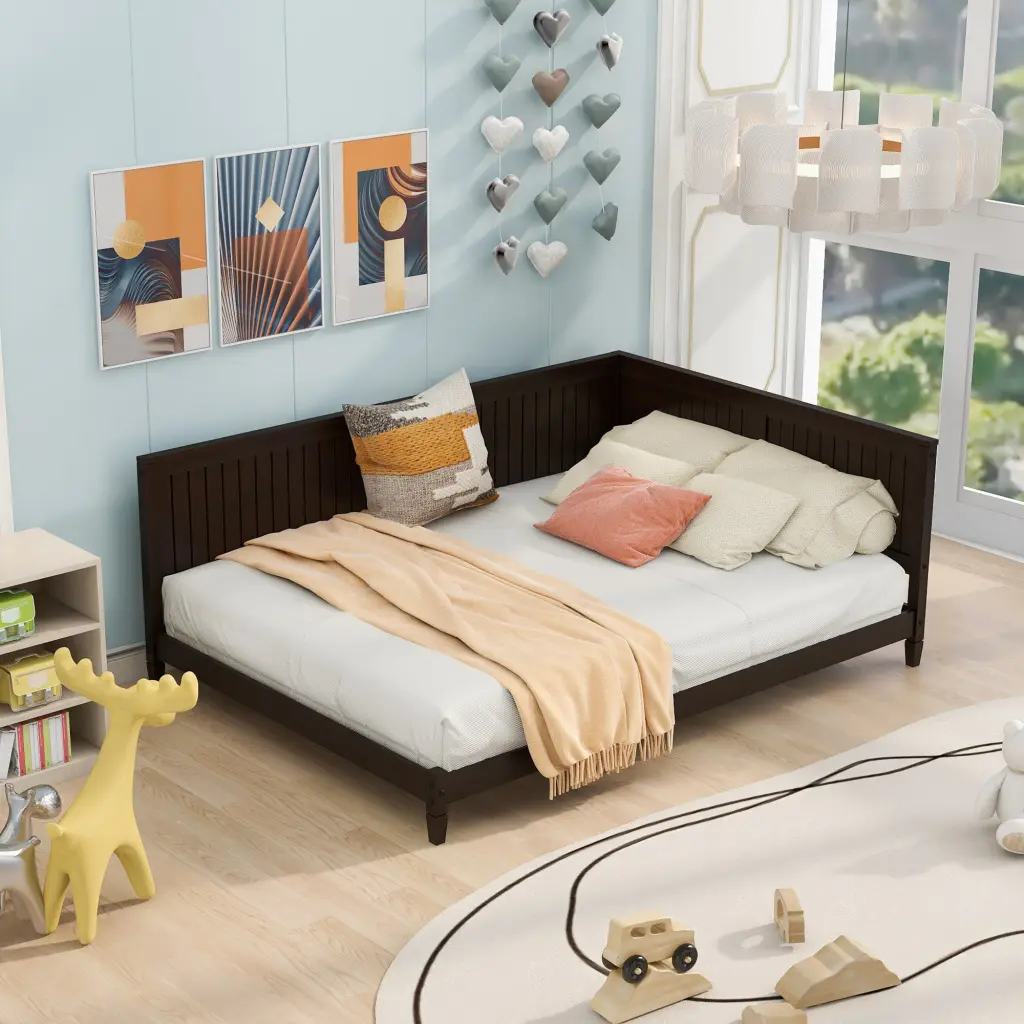 Full Size Wood Daybed Sofa Bed Espresso - Solid Wood MDF Convertible Bed lucky furniture