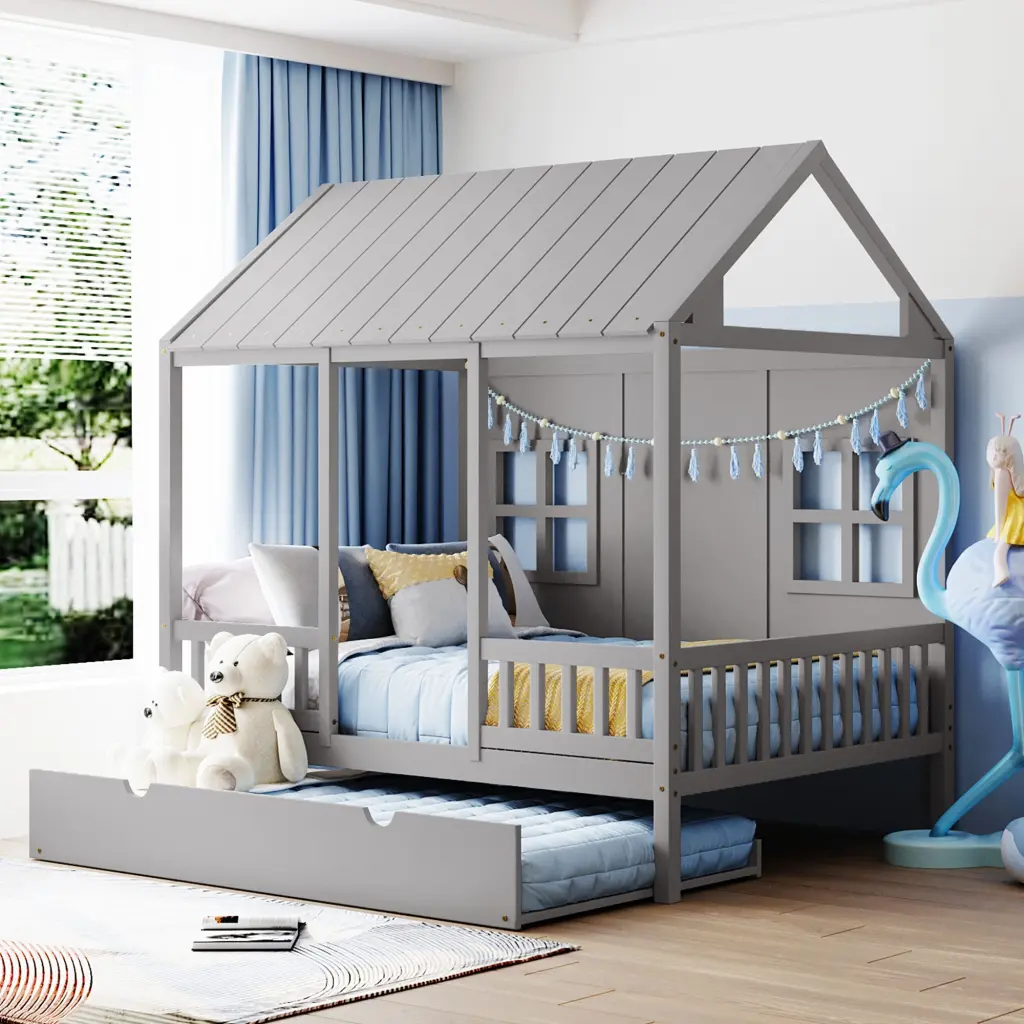 Full Size Wood Houtilize Bed Twin Size Trundle Wooden Daybed Gray Frame lucky furniture