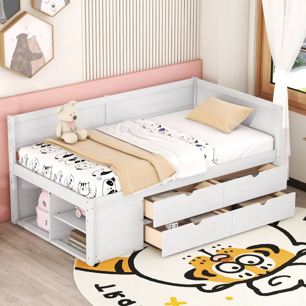 Twin Size Daybed Drawers and Shelves White Solid Wood lucky furniture