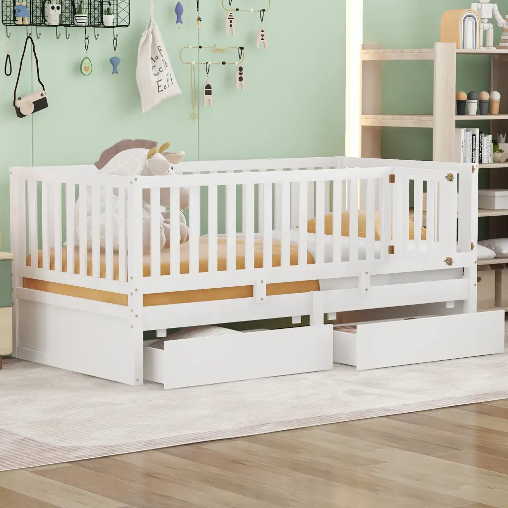 Twin Size Wood Daybed Fence Guardrails And 2 Drawers Split Into lucky furniture