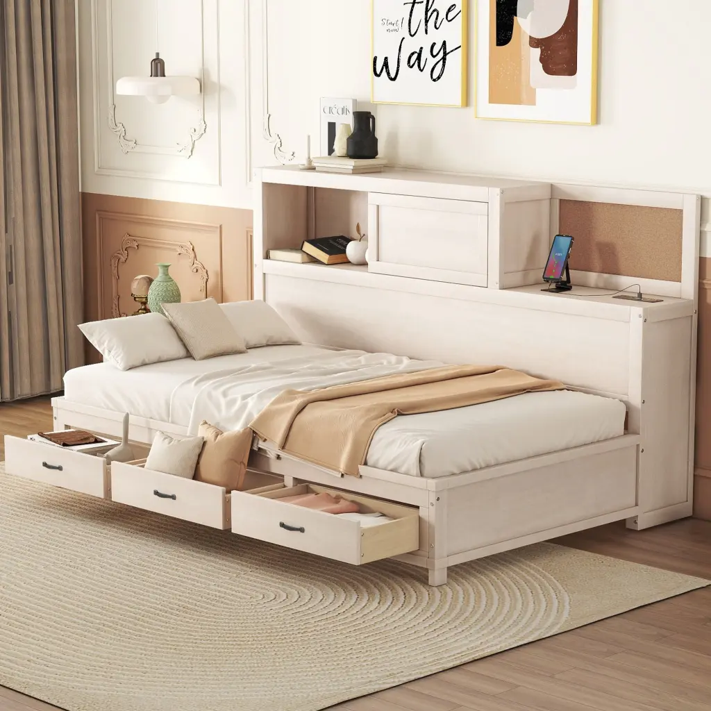 Twin Size Wooden Daybed 3 Storage Drawers Upper Soft Board and Shelf lucky furniture