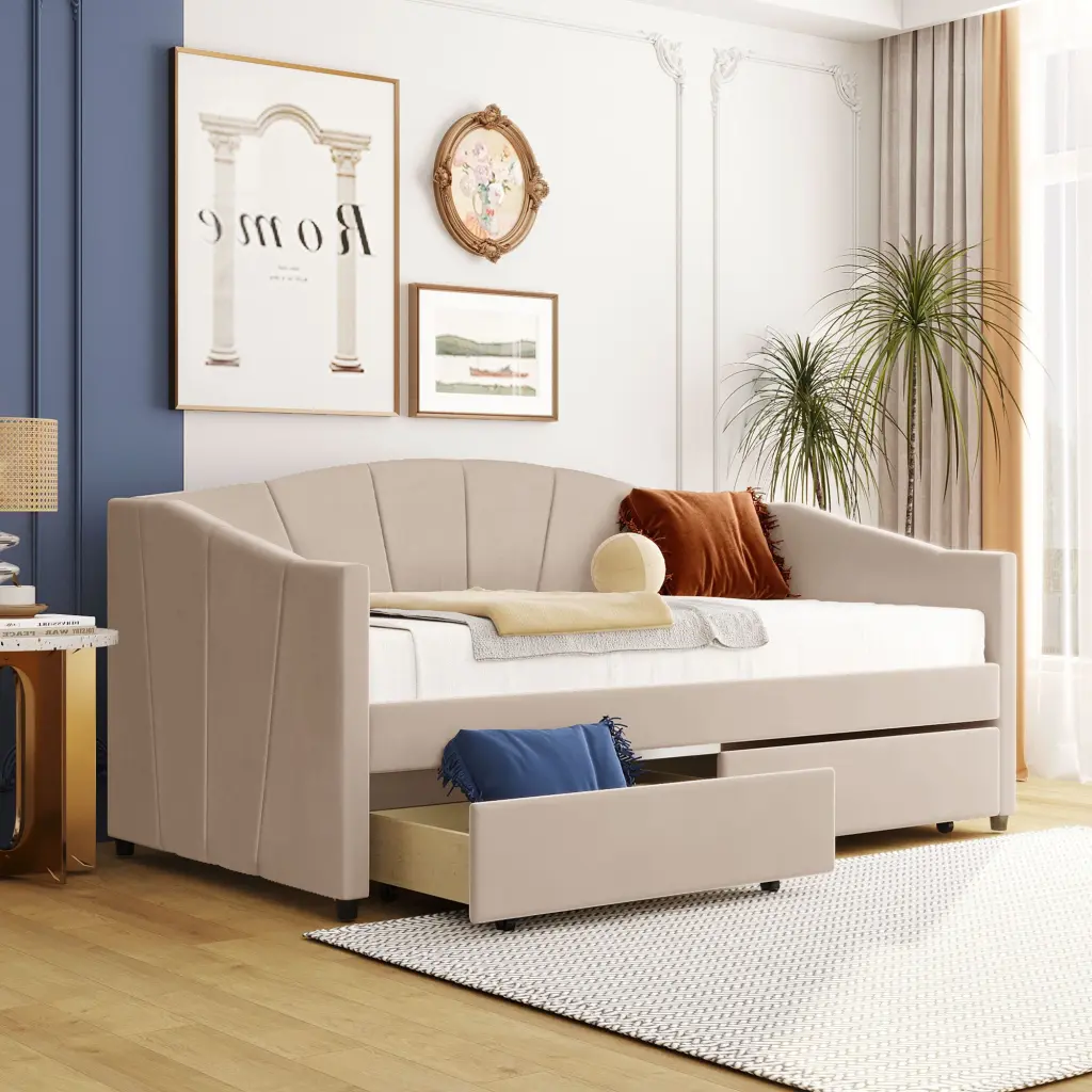 Upholstered Daybed Twin Size Two Drawers and Wood Slat Beige Bed Guest Room lucky furniture