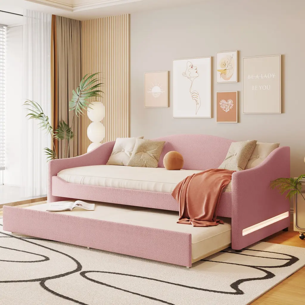 Teddy Fleece Twin Size Upholstered Daybed Light And Trundle Pink lucky world
