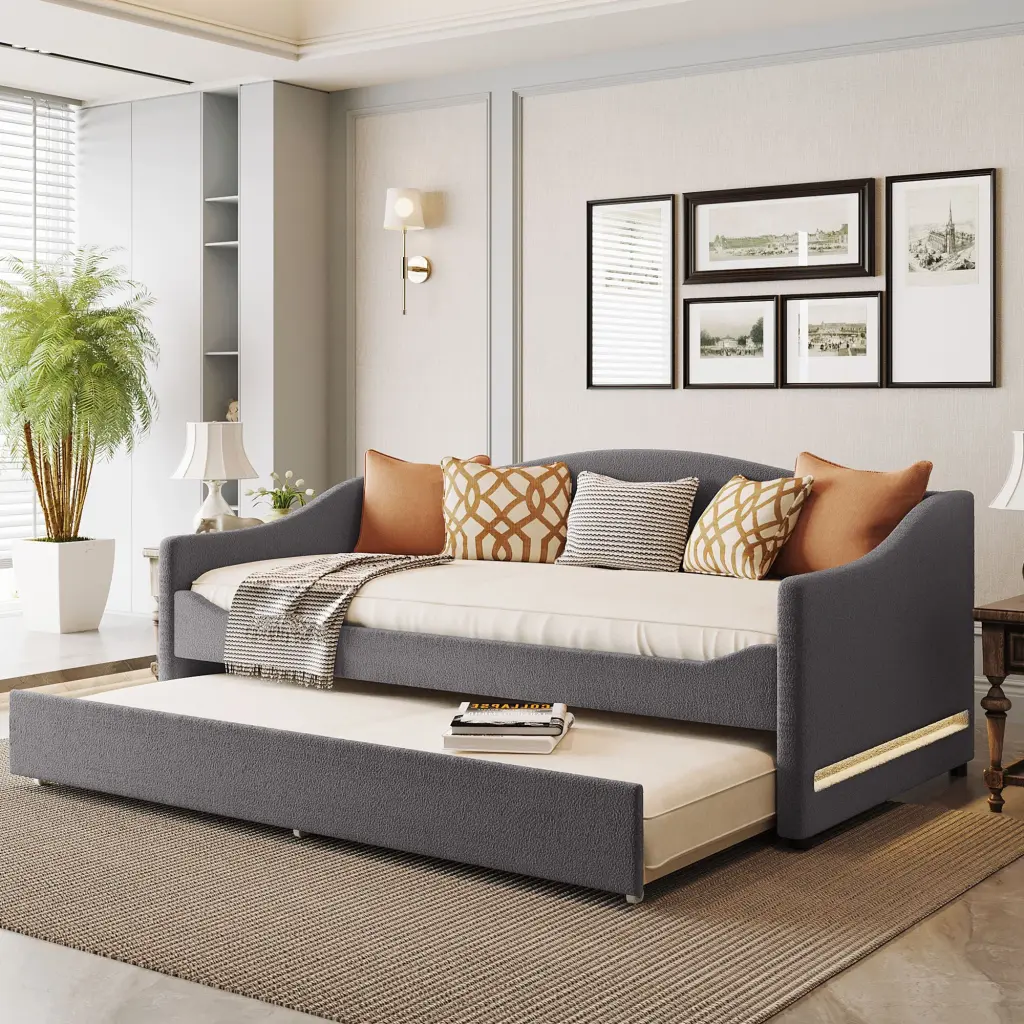 Teddy Fleece Twin Size Upholstered Daybed Light And Trundle Gray lucky world