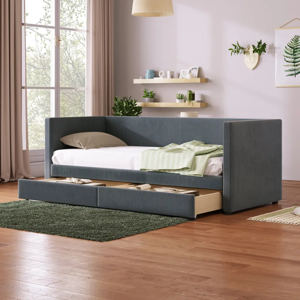 Twin Size Corduroy Daybed Two Drawers And Wood Slat Gray Day Bed lucky world