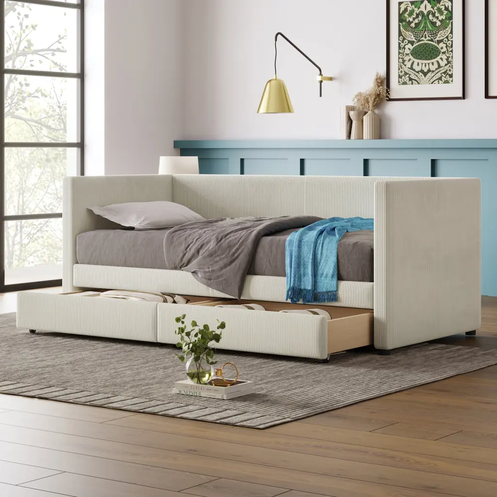 Twin Size Corduroy Daybed Two Drawers And Wood Slat Beige lucky world