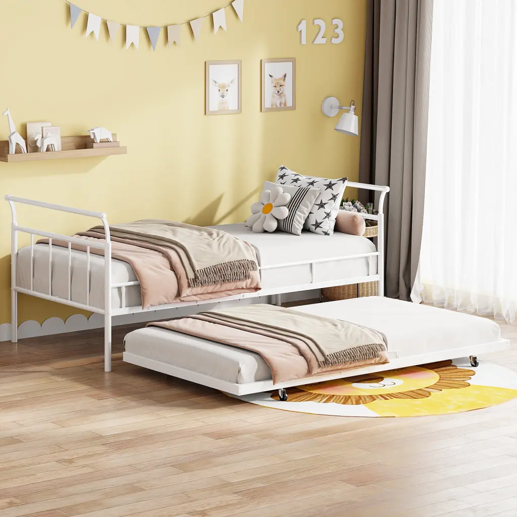 Twin Size Metal Daybed Curved Handle Design And Trundle Guest Room lucky world