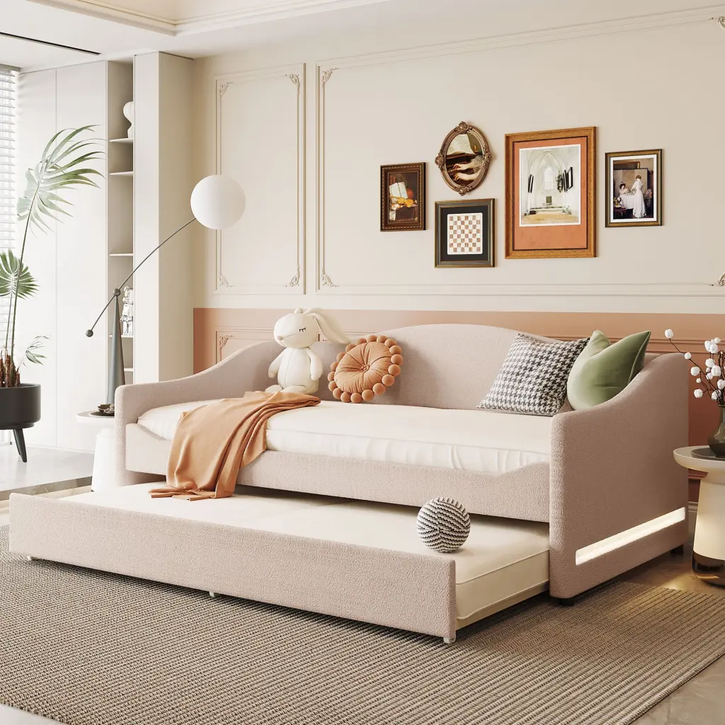 Twin Size Teddy Fleece Upholstered Daybed Light And Trundle Beige lucky world