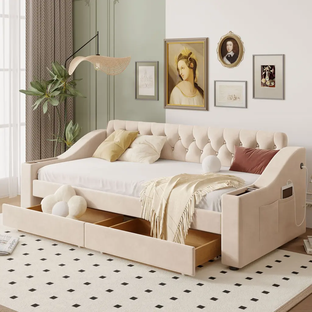 Twin Size Upholstered Daybed Storage Armrests And USB Port Beige Sofa Bed lucky world
