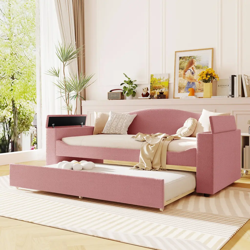 Twin Size Upholstered Daybed Storage Armrests Trundle Latest Design lucky world