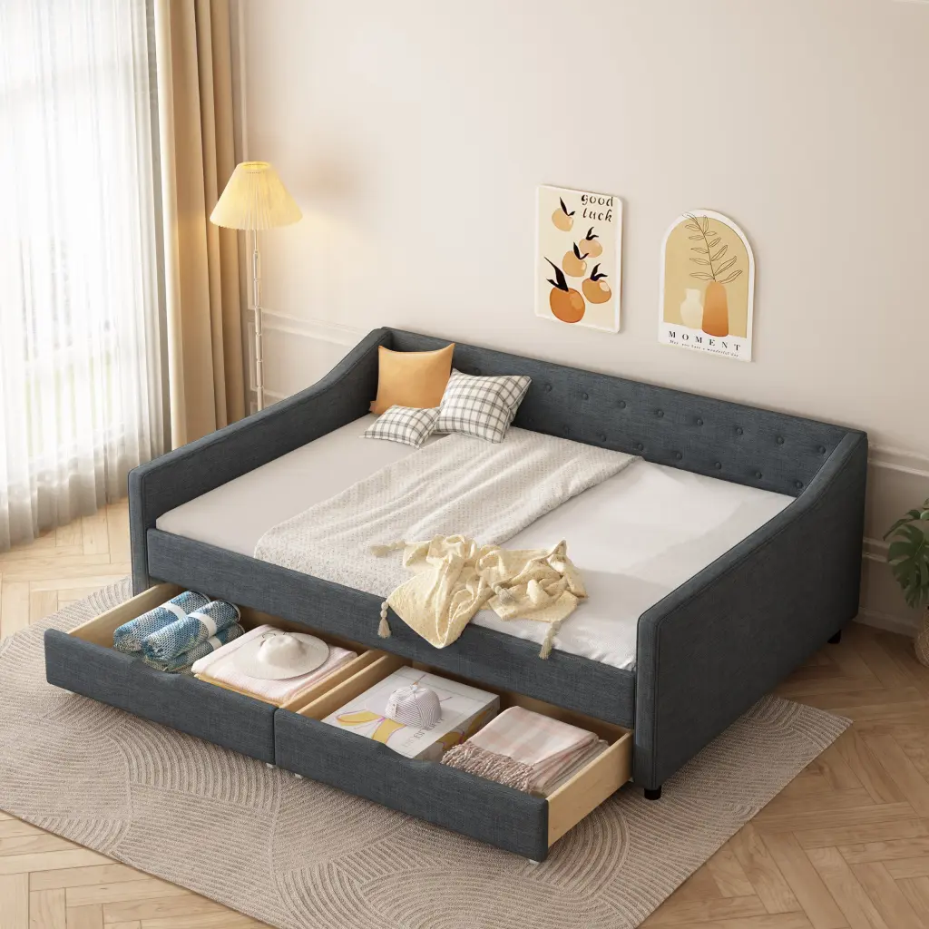 Full Size Daybed Drawers Upholstered Tufted Sofa Bed Button Design rnb