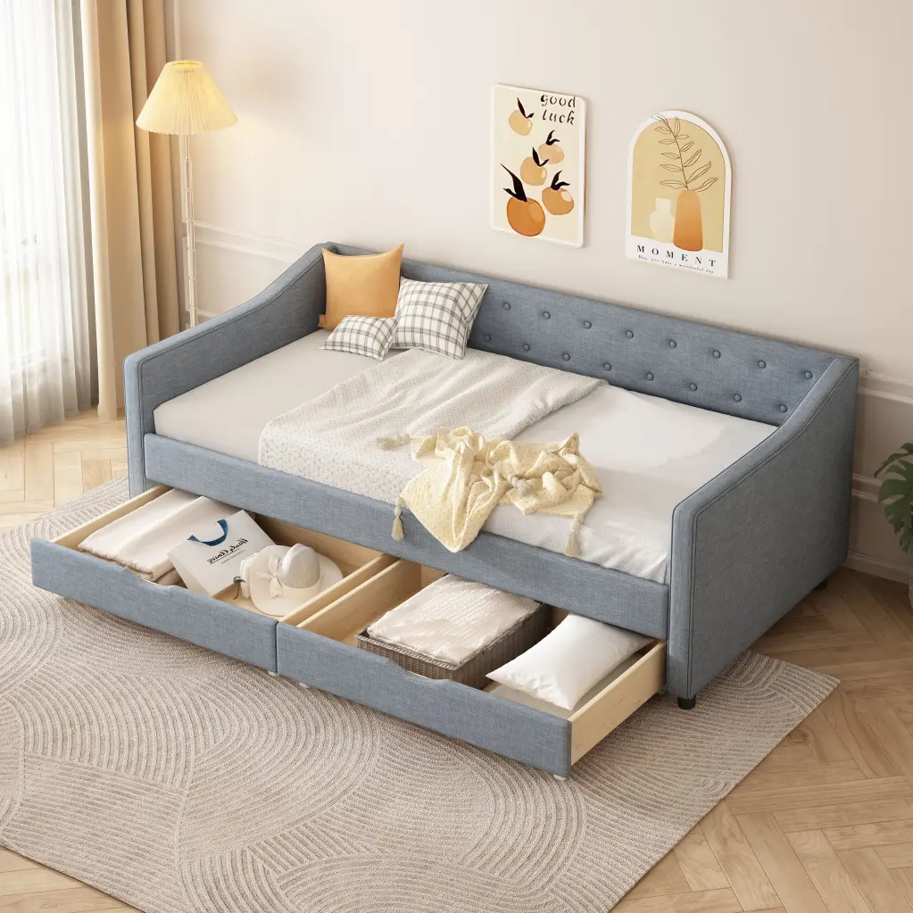 Twin Size Daybed Drawers Upholstered Tufted Sofa Bed Button rnb