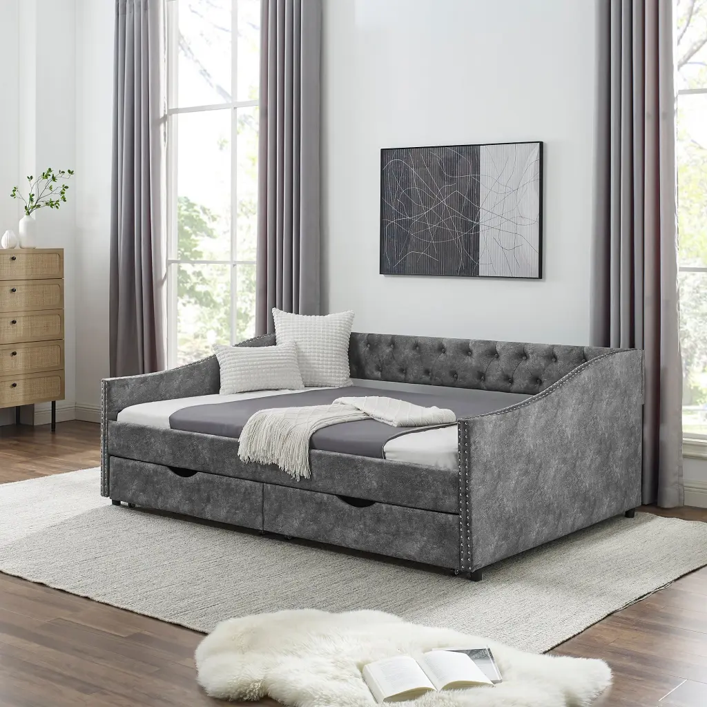 Full Size Upholstered Tufted Daybed Drawers Button Sofa Bed Guest Room royal star