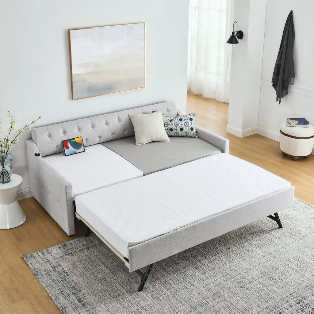 Twin Size Upholstery Daybed Twin Size Erectable Trundle and USB Charging royal star