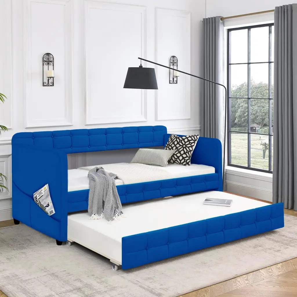 Blue Upholstered Twin Size Daybed Trundle Velvet Fabric No Box Spring Stylish Bed serene home