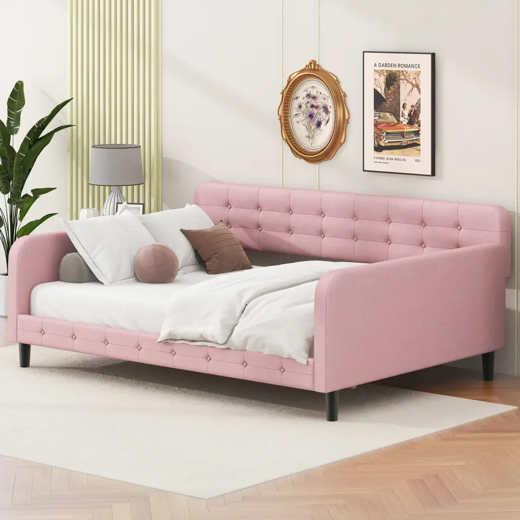 Full Size Upholstered Tufted Daybed 4 Sturdy Legs Pink Box Spring Alternative wm dreamland