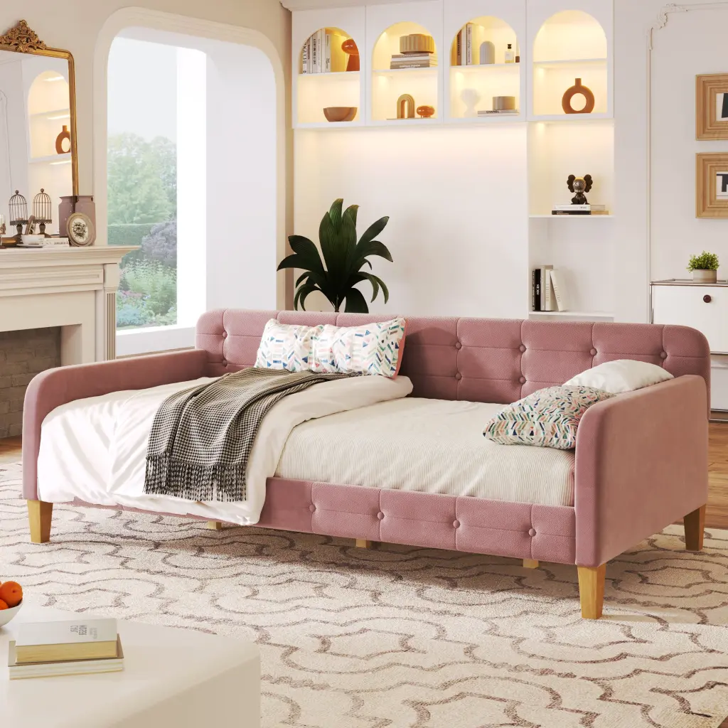 Twin Size Upholstered Daybed 4 Substantial Legs Pink Fabric wm dreamland