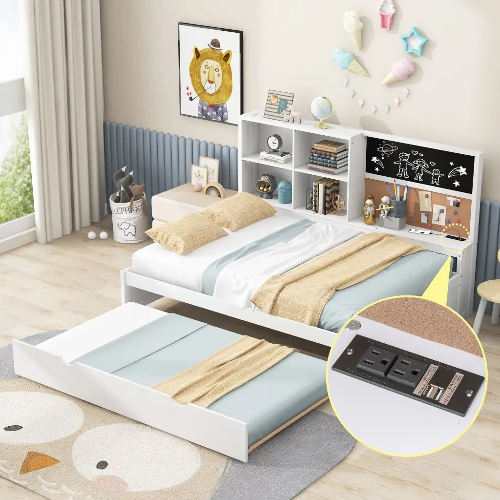 Full Size Daybed Storage Shelves Blackboard Cork Board USB Ports Multi Functional Furniture wm store