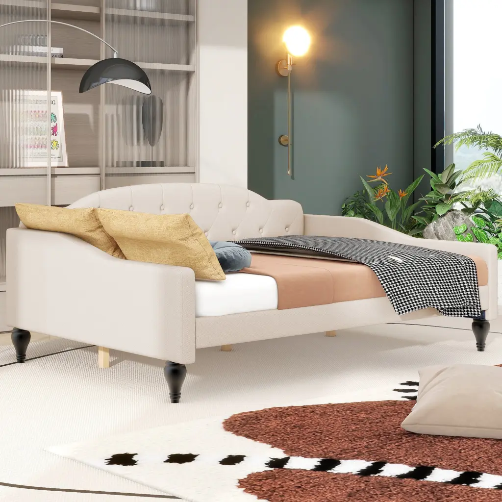 Full Size Upholstered Tufted Daybed Beige Box Spring Not Required wm store