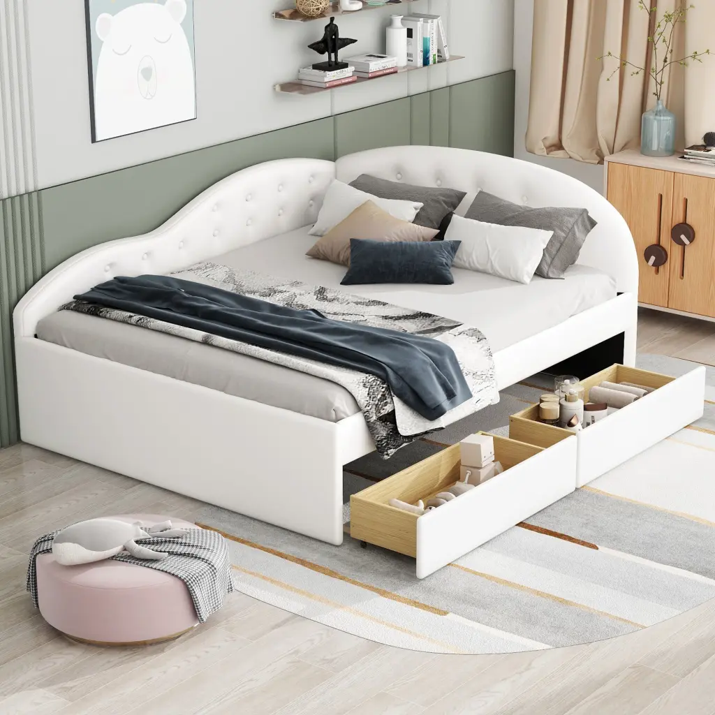 Full Size PU Upholstered Tufted Daybed Two Drawers, Cloud Shaped Design, Modern Sofa Bed wm store
