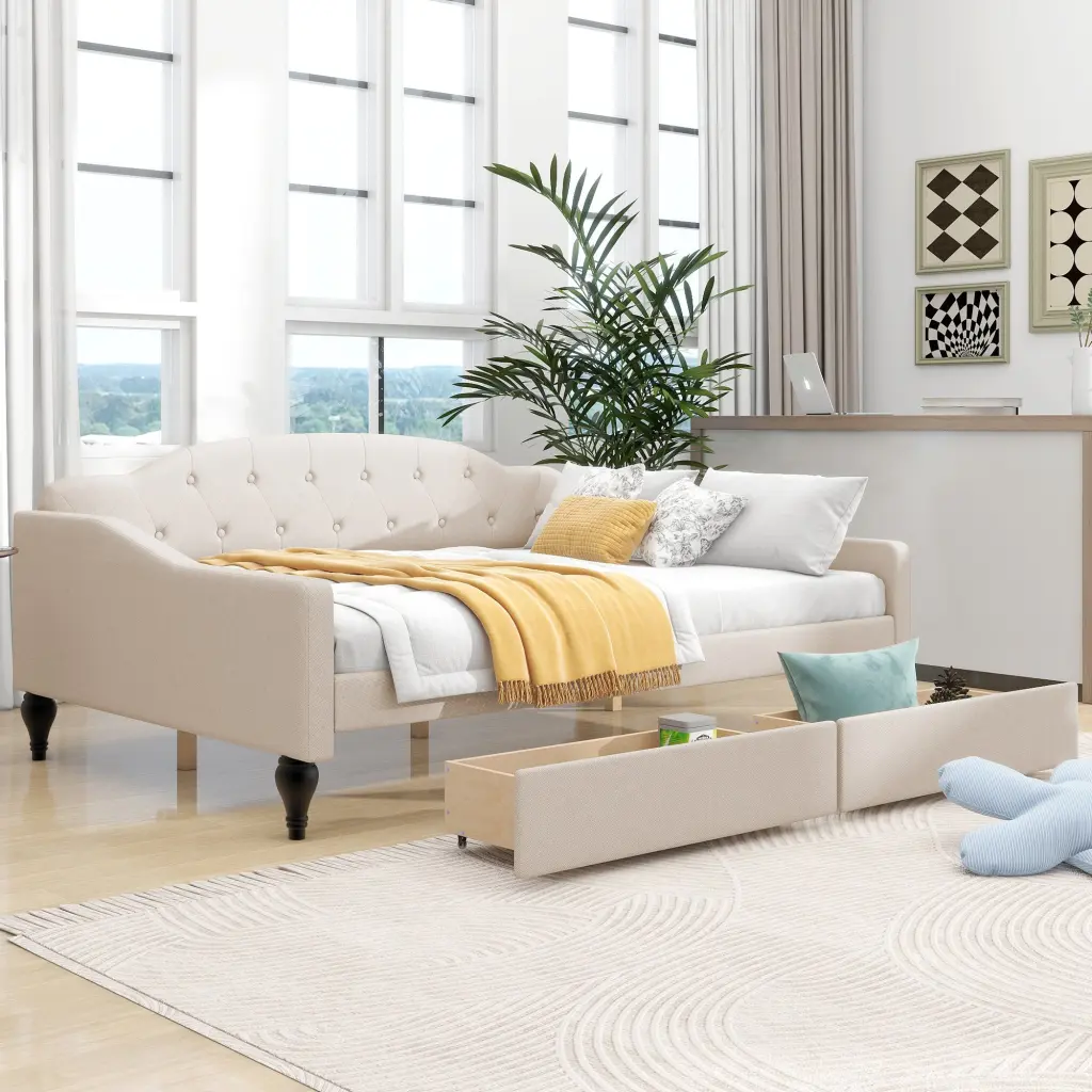 Full Size Upholstered Tufted Daybed Two Drawers Beige Box Spring wm store