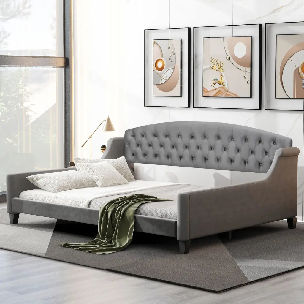 Modern Premium Tufted Button Daybed Full Size Gray Upholstered Bed wm store