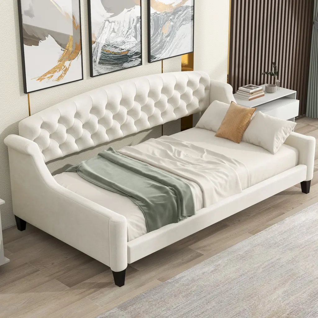 Modern Premium Tufted Button Daybed Twin Beige Box Spring Not Required wm store