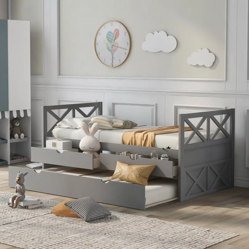 Multi Practical Daybed Drawers And Trundle Gray Finish wm store