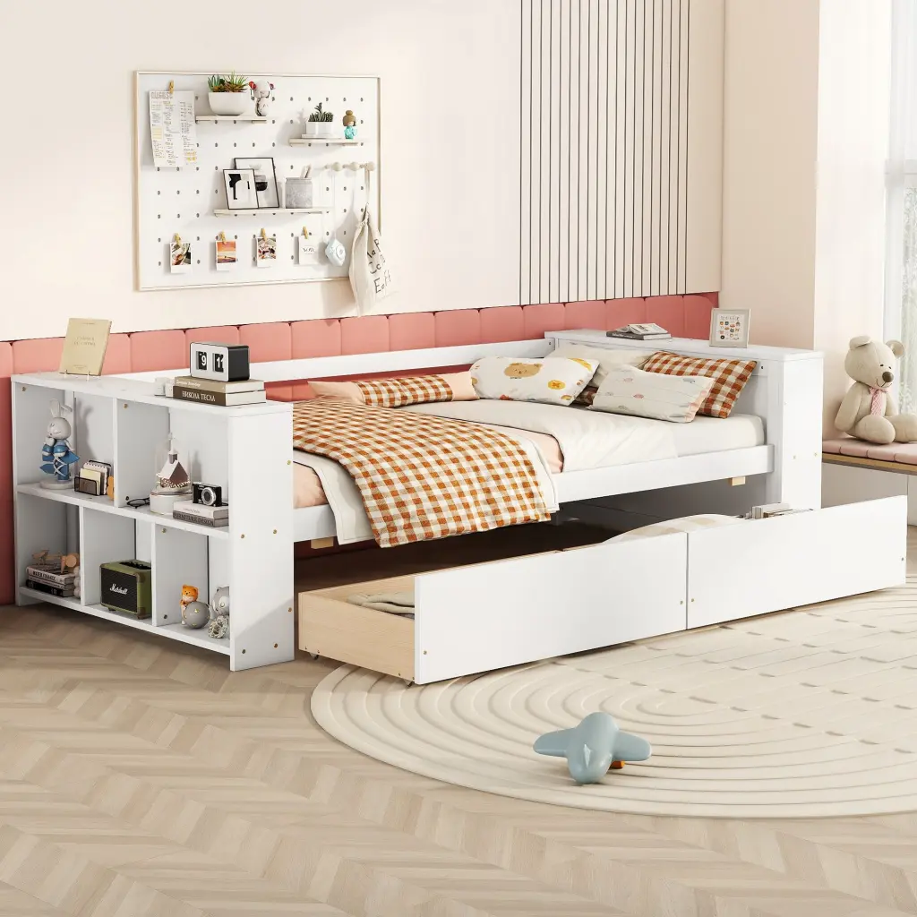 Twin Size Daybed Shelves and Drawers White Pine Wood wm store