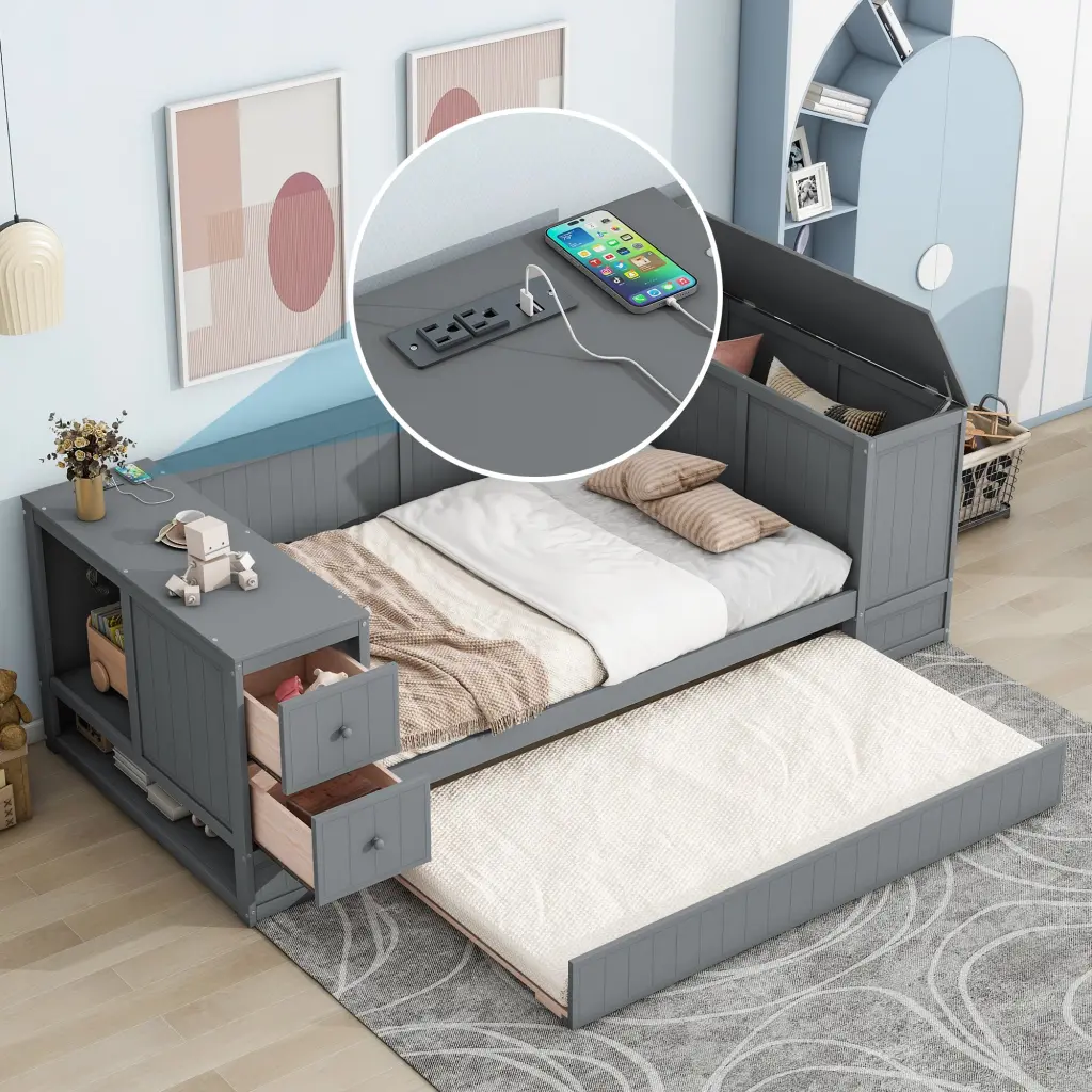 Twin Size Daybed Storage Arms Trundle and Charging Station Gray wm store