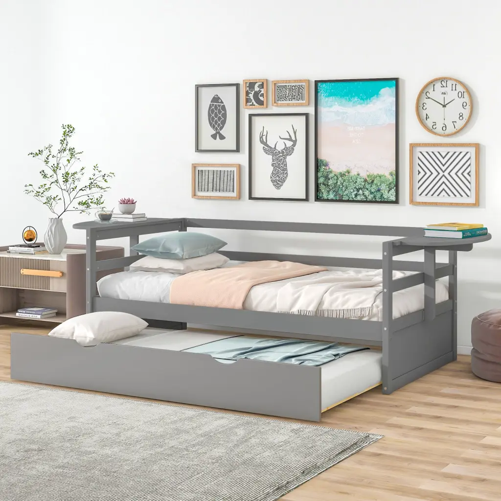 Twin Size Daybed Trundle and Foldable Shelves Gray Guest Room wm store