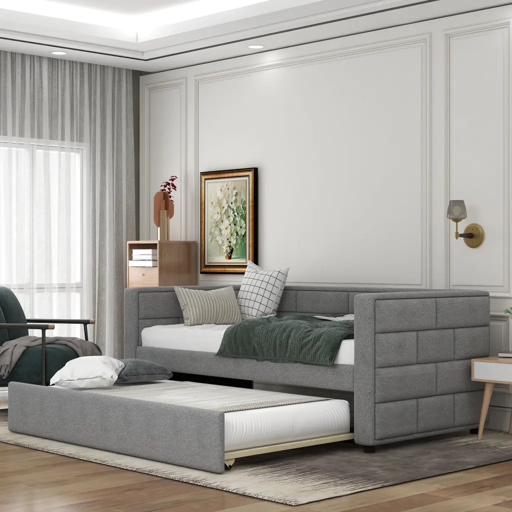 Twin Size Daybed Trundle Upholstered Daybed Padded Back Grey Fabric wm store