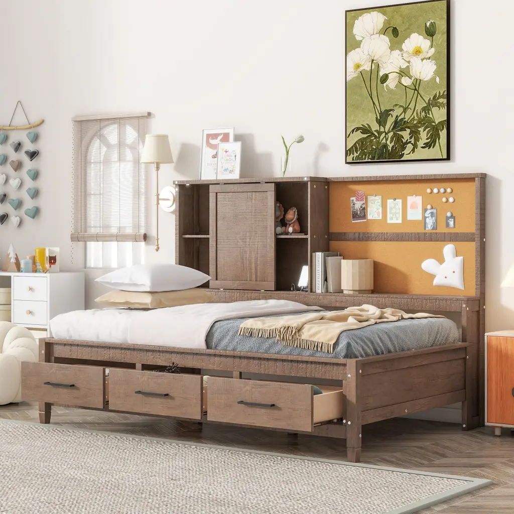 Twin Size Lounge Daybed Storage Shelves Cork Board USB Ports wm store