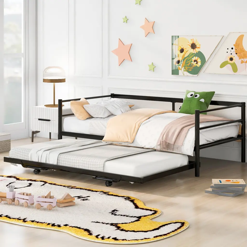 Twin Size Metal Daybed Adjustable Trundle Pop Up Trundle Black Space Saving Bed wm store